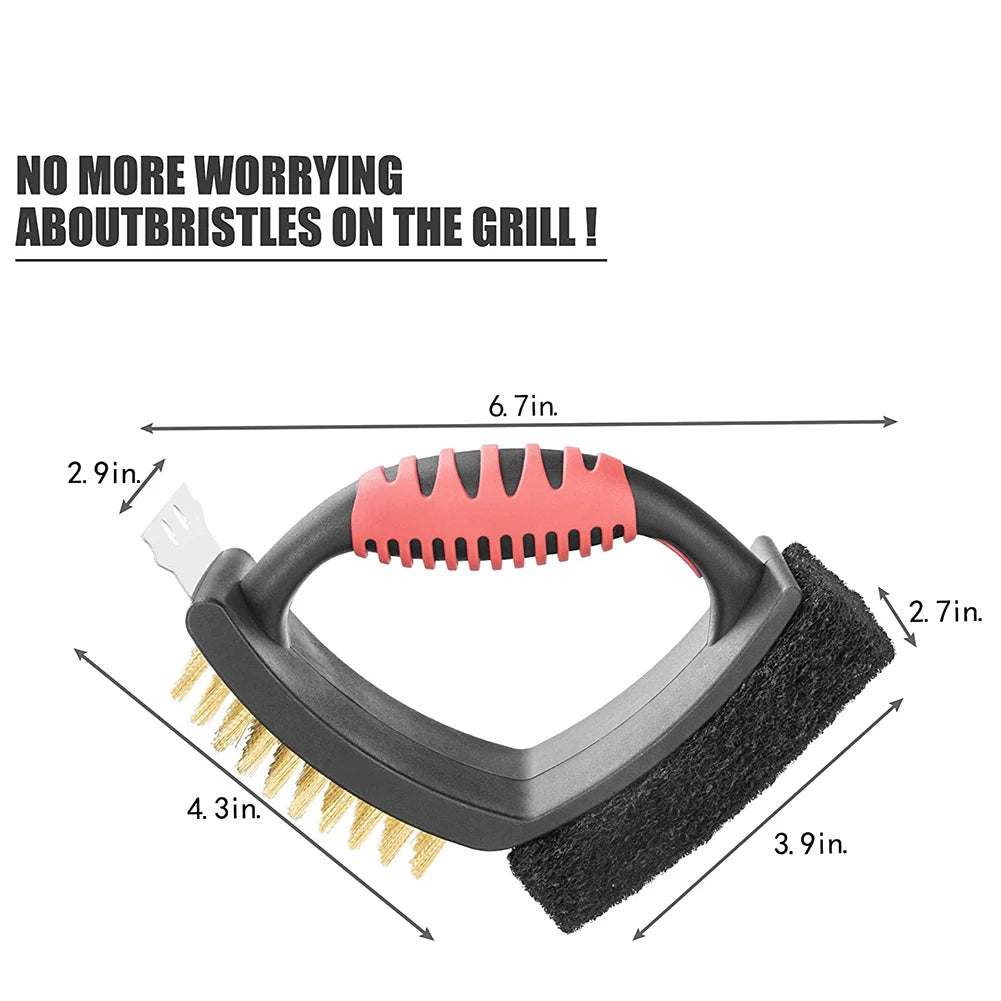 3-in-1 Grill Brush with Brass Bristles, Copper Scraper & Scrubbing Pad