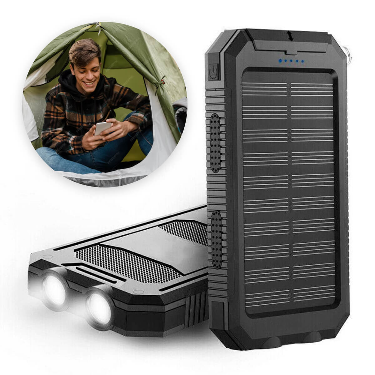 Portable Dual-USB Solar Power Bank with LED Flashlight
