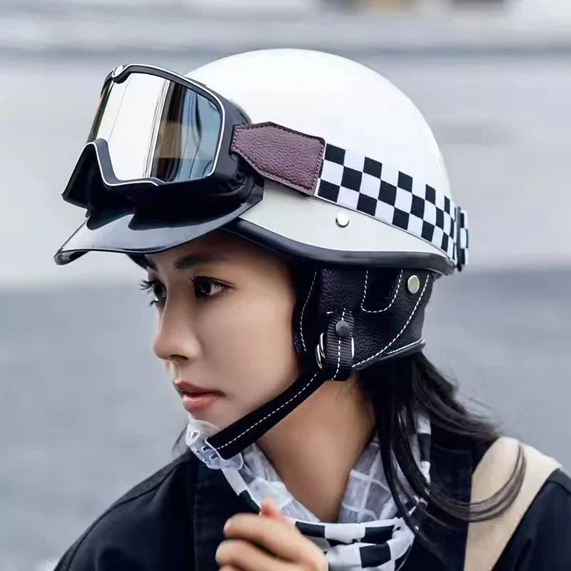 Retro Motorcycle Helmet with Goggles and Leather Detailing