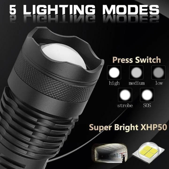 XHP50 LED Rechargeable Tactical Flashlight with Zoom and USB Charging