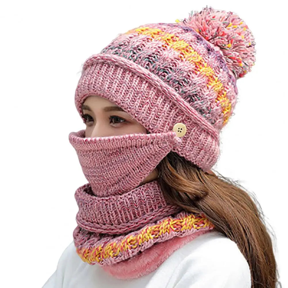 Knitted Hat and Scarf Set with Velvet Lining and Detachable Face Guard