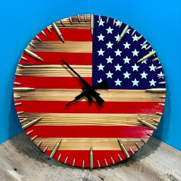 American Flag Wall Clock Handmade Rustic Patriotic Bullet Decor