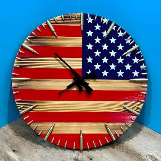 American Flag Wall Clock Handmade Rustic Patriotic Bullet Decor