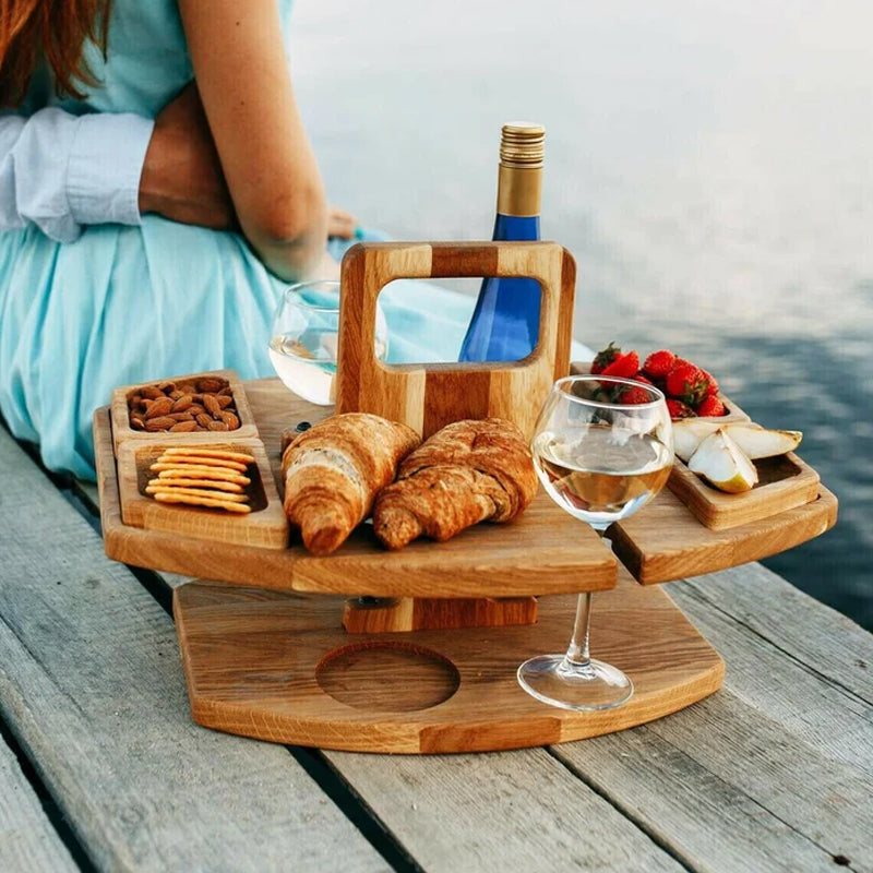 Rustic Wooden Picnic Wine Table with Glass Holders