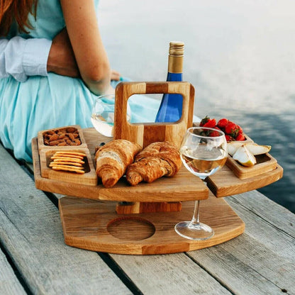 Rustic Wooden Picnic Wine Table with Glass Holders