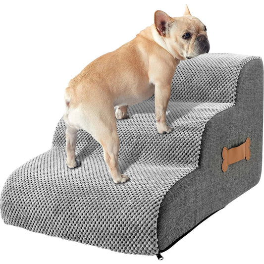 Contemporary Gray Fabric Pet Stairs with Leather Accent