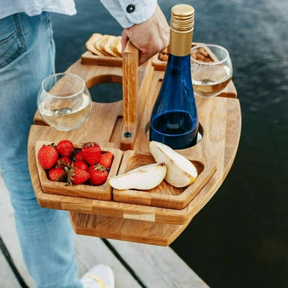 Rustic Wooden Picnic Wine Table with Glass Holders