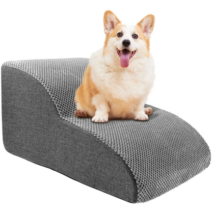 Contemporary Gray Fabric Pet Stairs with Leather Accent