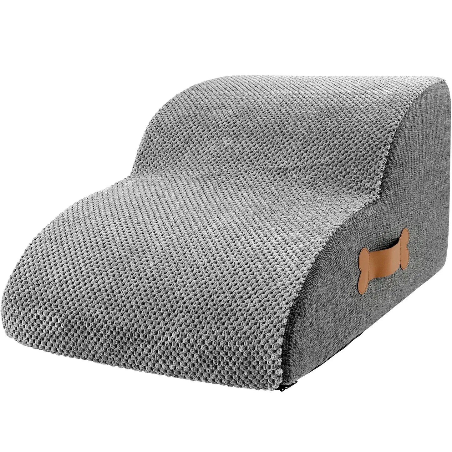Contemporary Gray Fabric Pet Stairs with Leather Accent