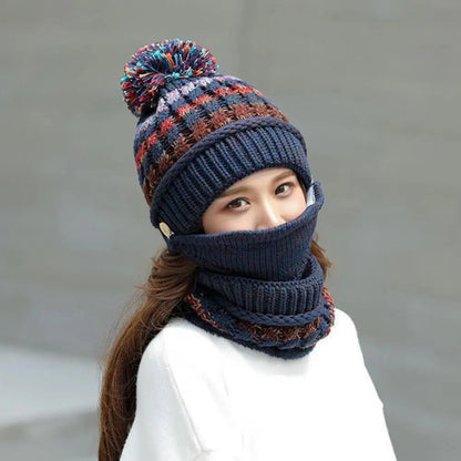 Knitted Hat and Scarf Set with Velvet Lining and Detachable Face Guard