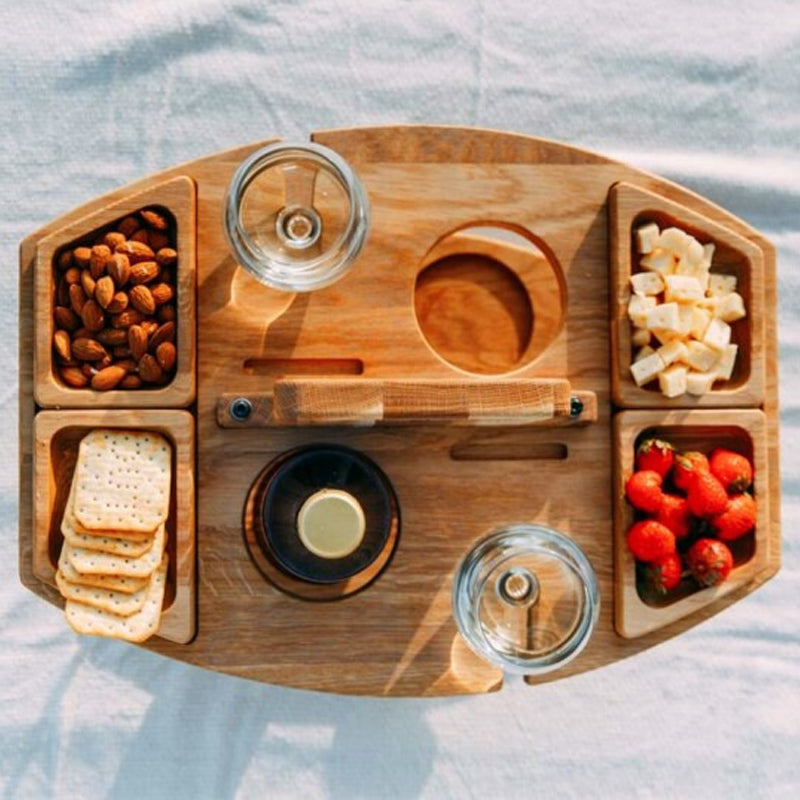 Rustic Wooden Picnic Wine Table with Glass Holders