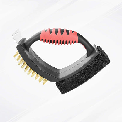 3-in-1 Grill Brush with Brass Bristles, Copper Scraper & Scrubbing Pad