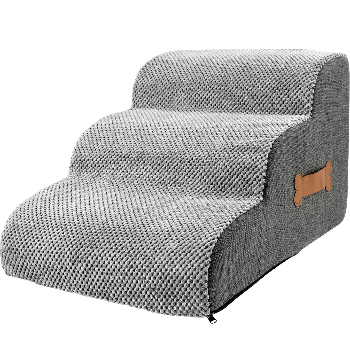 Contemporary Gray Fabric Pet Stairs with Leather Accent