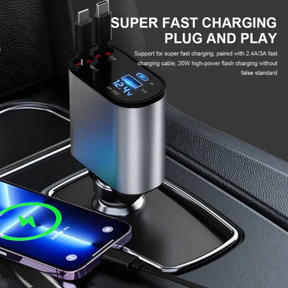 4-in-1 Retractable Car Charger USB-C Lightning Multi-Device Charging