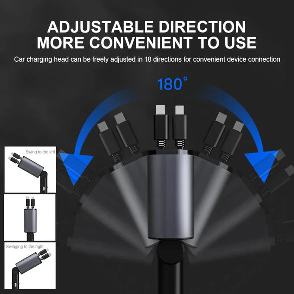 4-in-1 Retractable Car Charger USB-C Lightning Multi-Device Charging