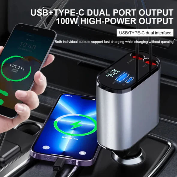 4-in-1 Retractable Car Charger USB-C Lightning Multi-Device Charging