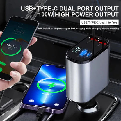 4-in-1 Retractable Car Charger USB-C Lightning Multi-Device Charging