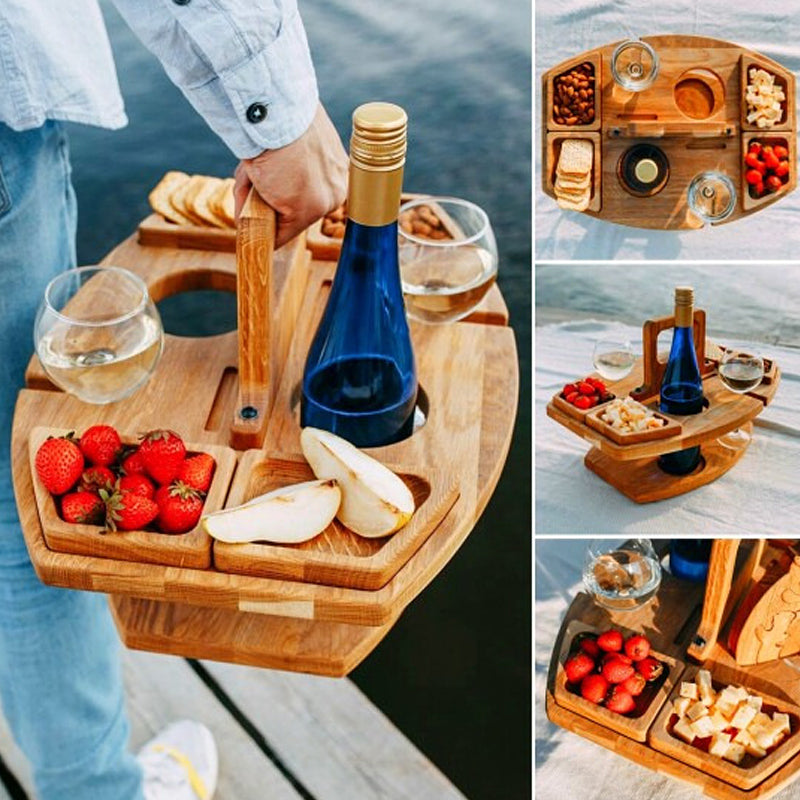 Rustic Wooden Picnic Wine Table with Glass Holders