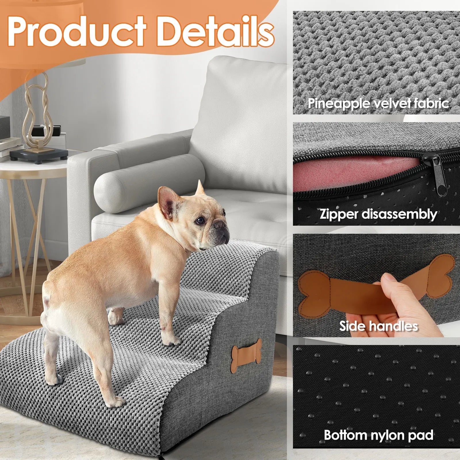 Contemporary Gray Fabric Pet Stairs with Leather Accent