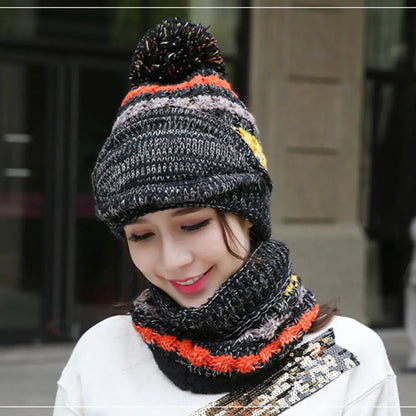 Knitted Hat and Scarf Set with Velvet Lining and Detachable Face Guard
