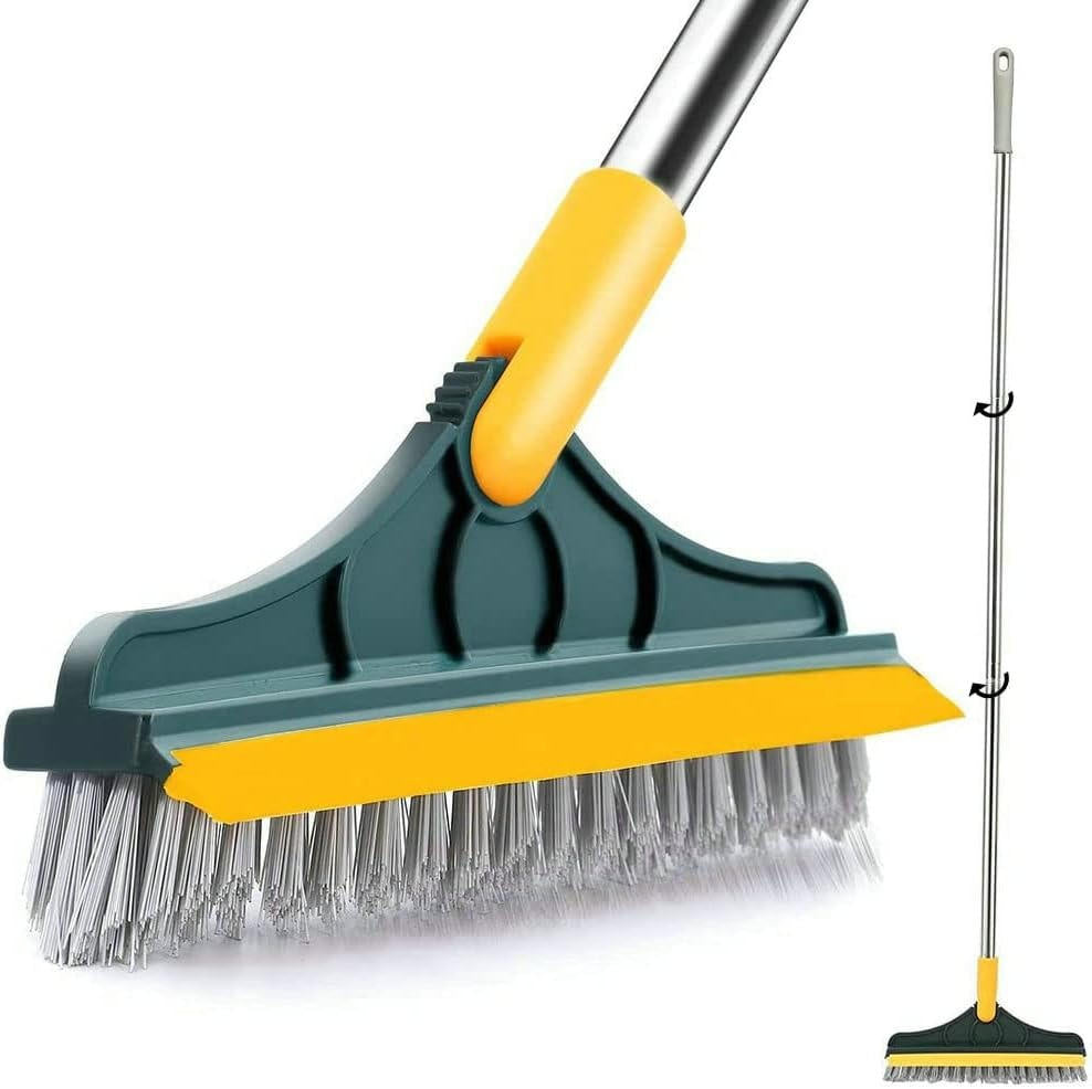 Floor Scrub Brush With Squeegee 51.4 Inch Handle Rotating Head