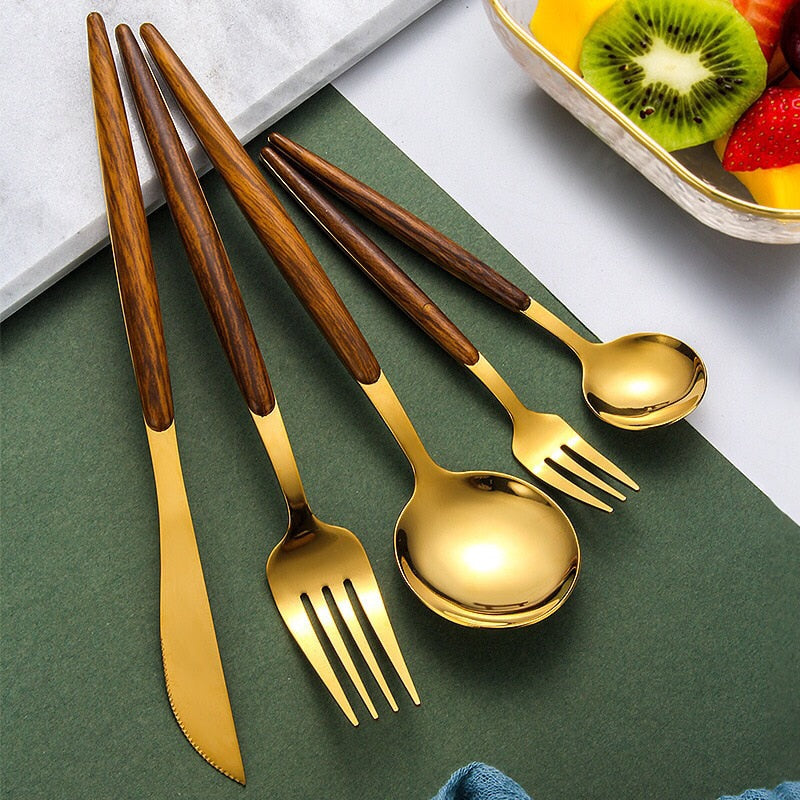 Modern Gold and Wood Cutlery Set