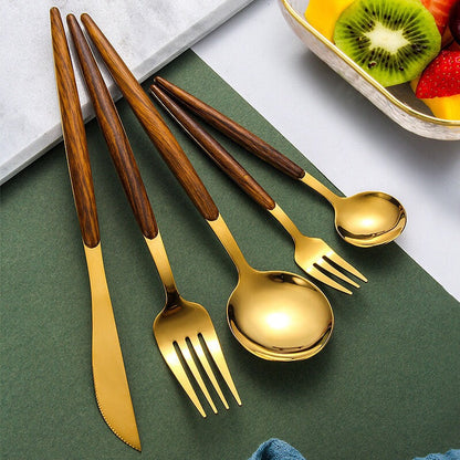 Modern Gold and Wood Cutlery Set