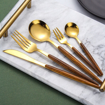 Modern Gold and Wood Cutlery Set
