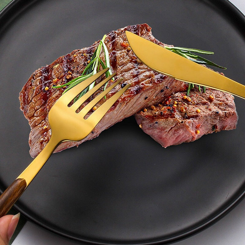 Modern Gold and Wood Cutlery Set