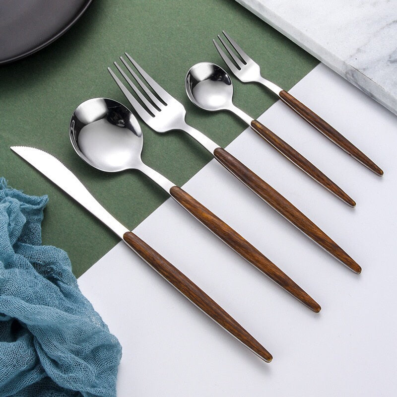 Modern Gold and Wood Cutlery Set