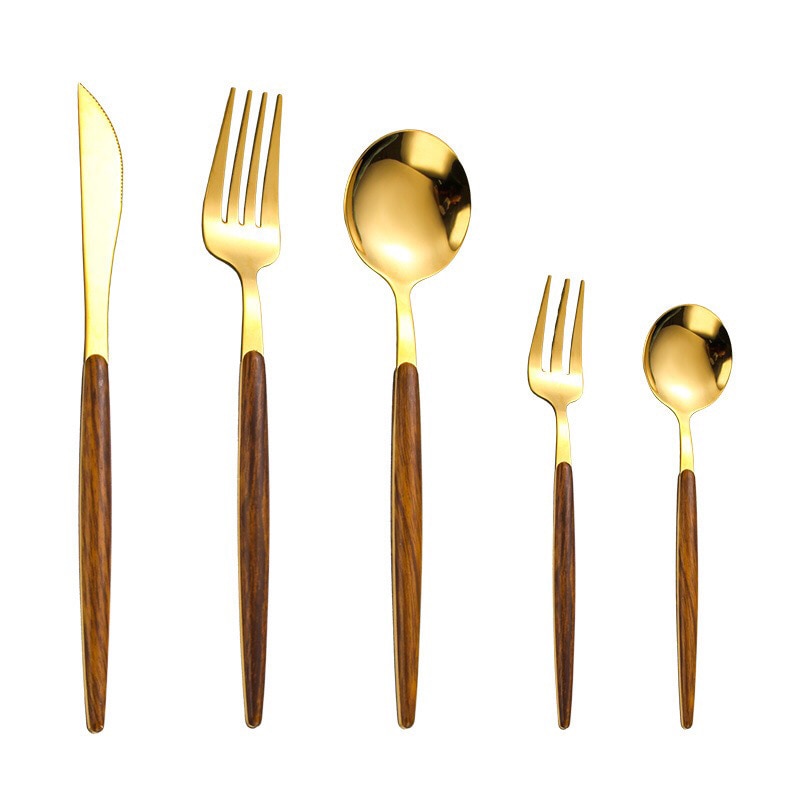 Modern Gold and Wood Cutlery Set