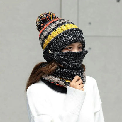 Knitted Hat and Scarf Set with Velvet Lining and Detachable Face Guard