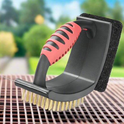 3-in-1 Grill Brush with Brass Bristles, Copper Scraper & Scrubbing Pad