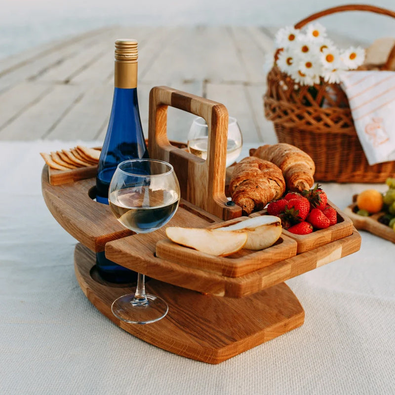 Rustic Wooden Picnic Wine Table with Glass Holders