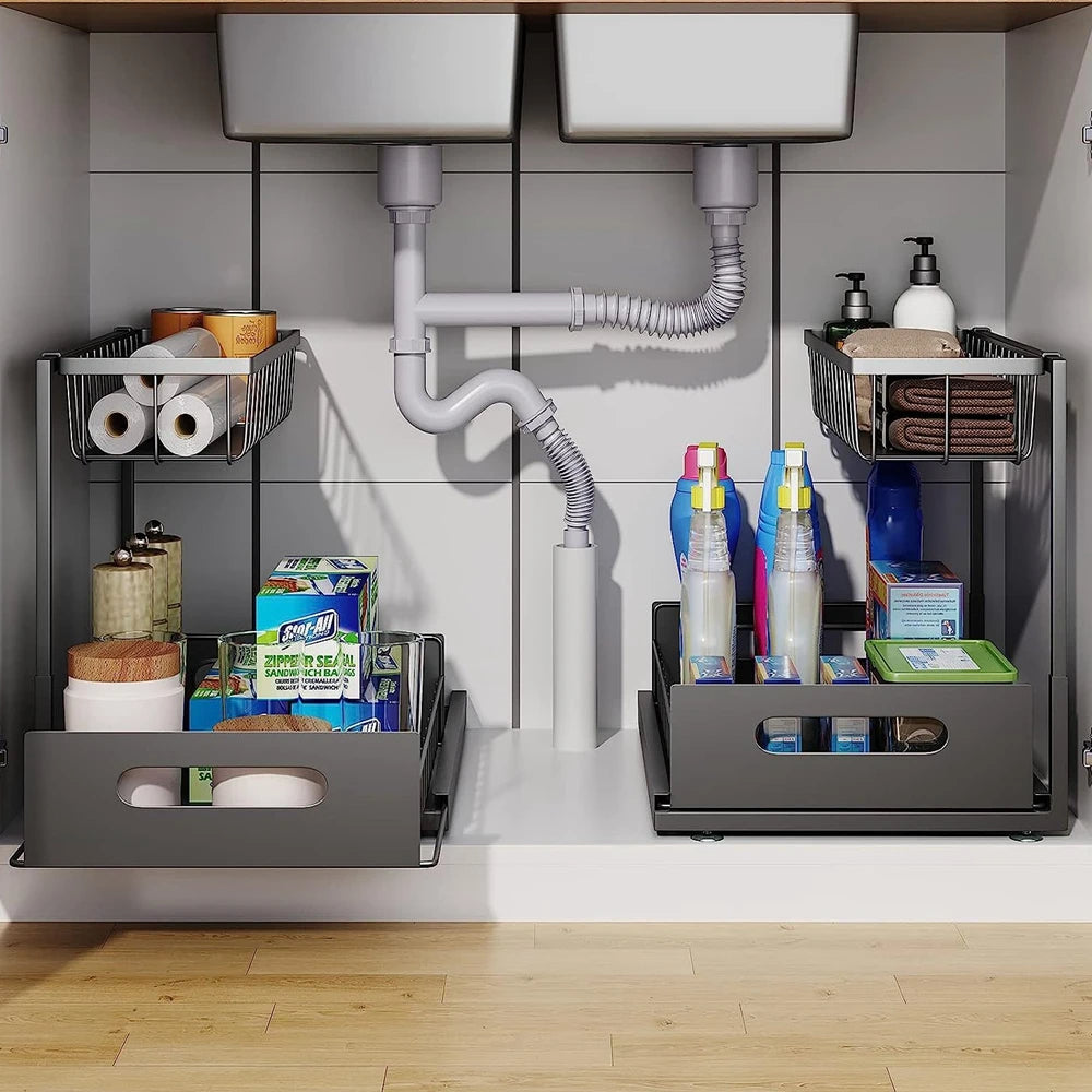 Minimalist Metal Under-Sink Organizer with Slide-Out Tiers