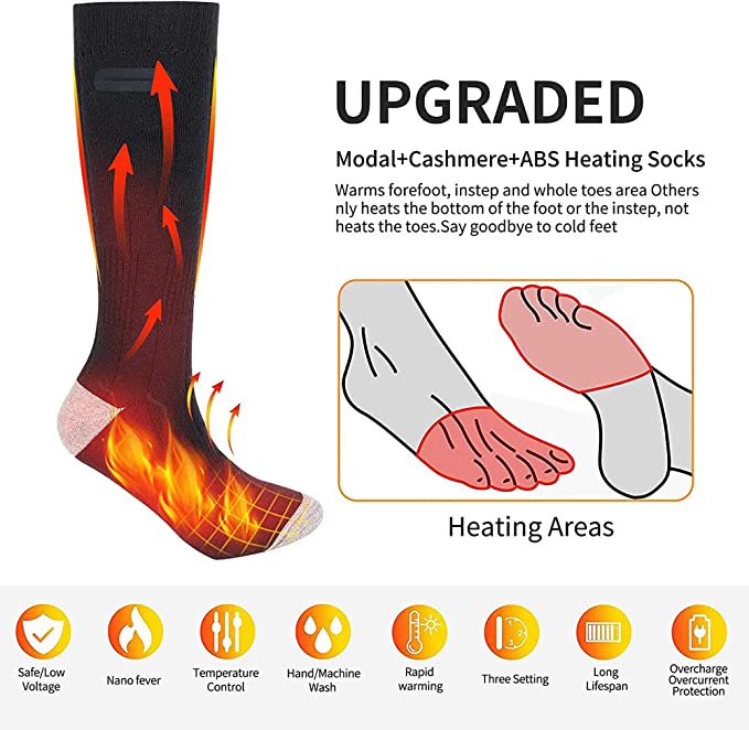 Rechargeable Electric Heated Socks - 2 Pairs with 3 Heat Settings