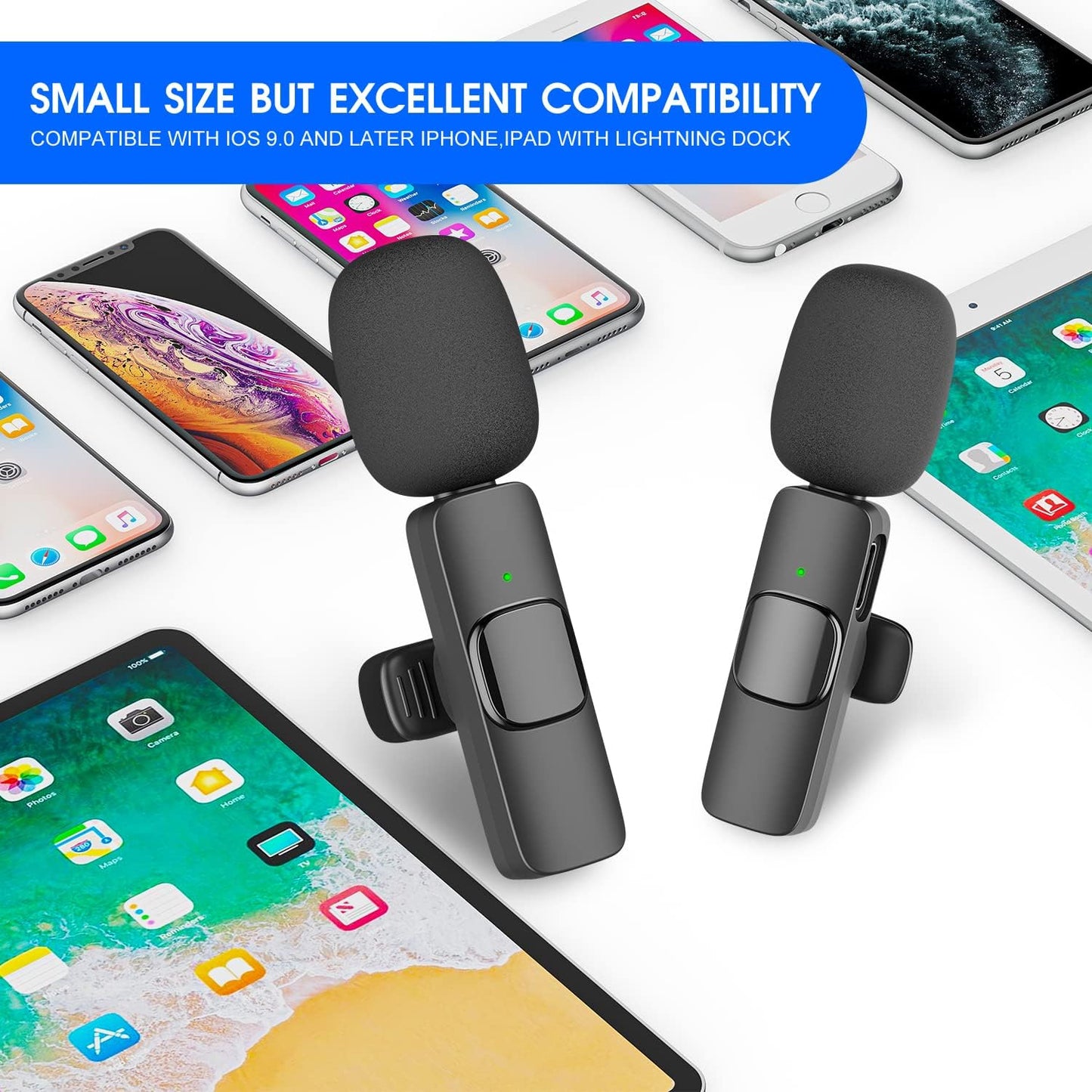 2 Pack Wireless Microphone System for iPhone iPad with Noise Reduction