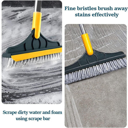 Floor Scrub Brush With Squeegee 51.4 Inch Handle Rotating Head