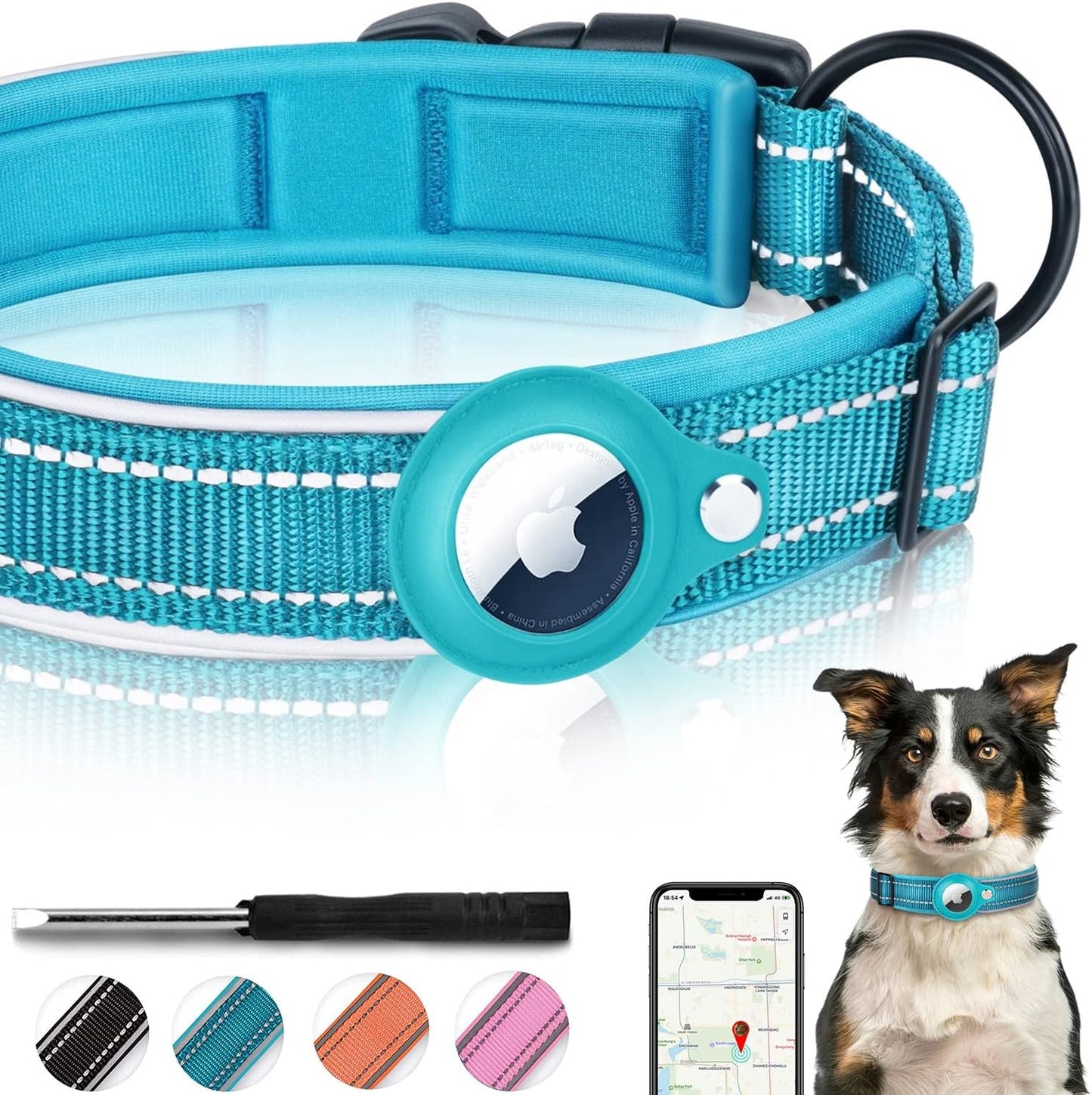 AirTag Dog Collar with Reflective Stitching and Durable Nylon Design