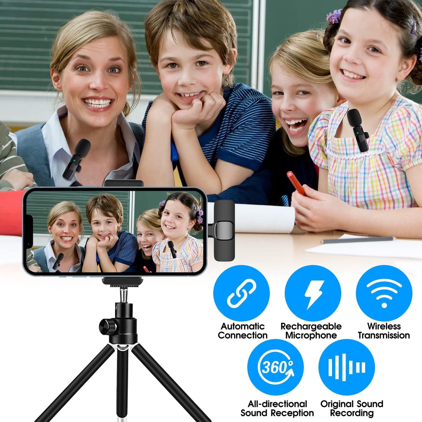 2 Pack Wireless Microphone System for iPhone iPad with Noise Reduction