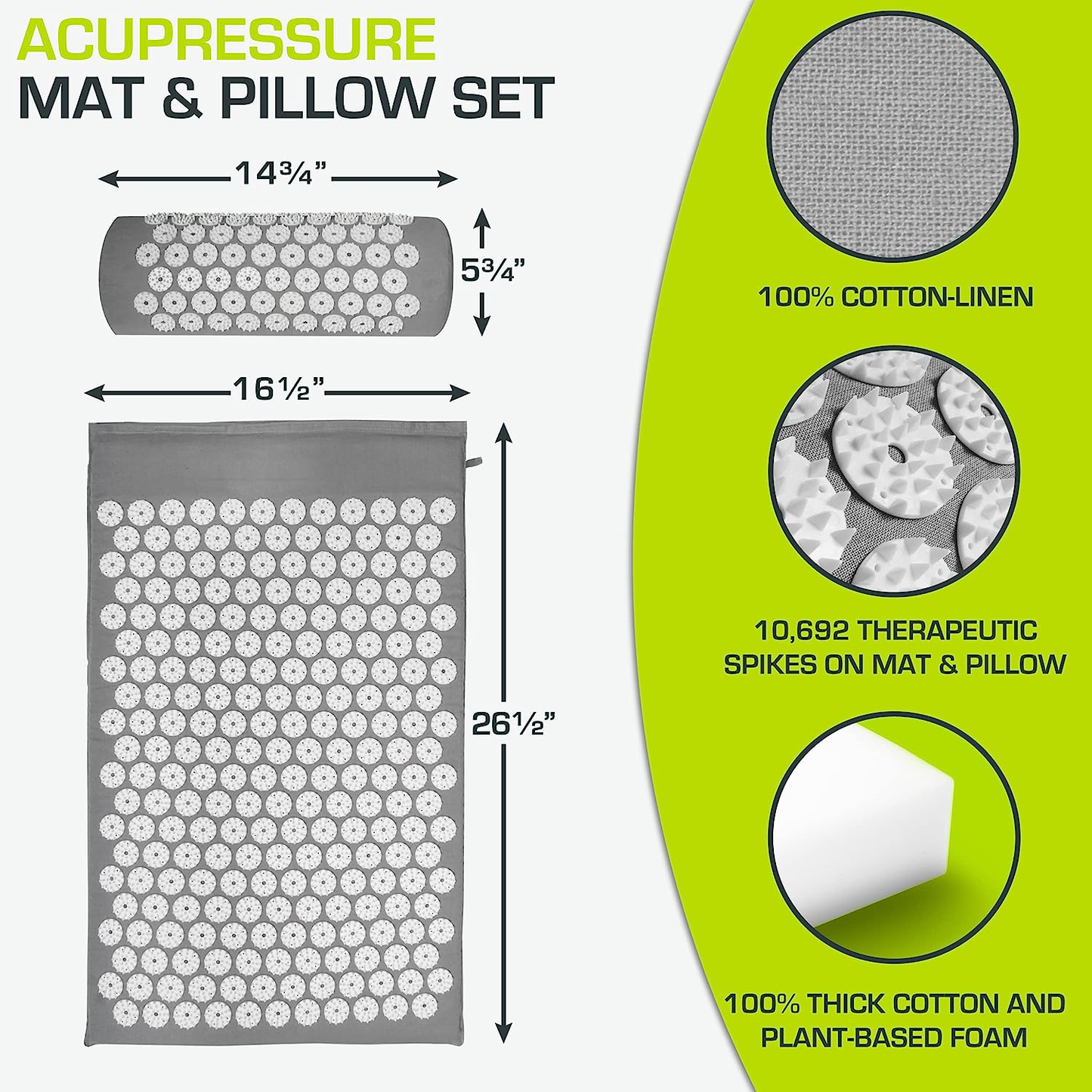 Acupressure Mat for Back Pain Relief with Neck Pillow and Foam Cushion