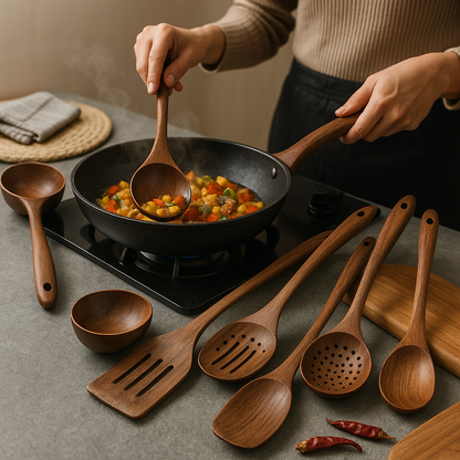 Natural Teak Wood Kitchen Utensil Set Durable Eco-Friendly Cooking Tools