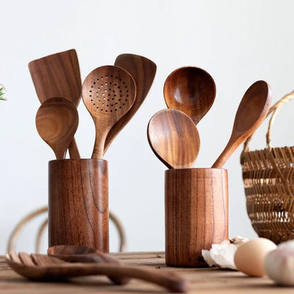 Natural Teak Wood Kitchen Utensil Set Durable Eco-Friendly Cooking Tools