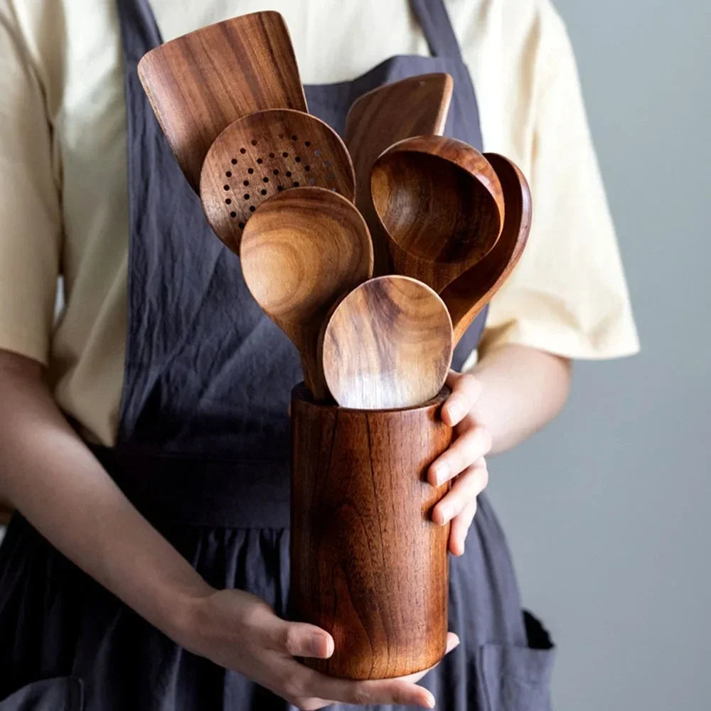 Natural Teak Wood Kitchen Utensil Set Durable Eco-Friendly Cooking Tools
