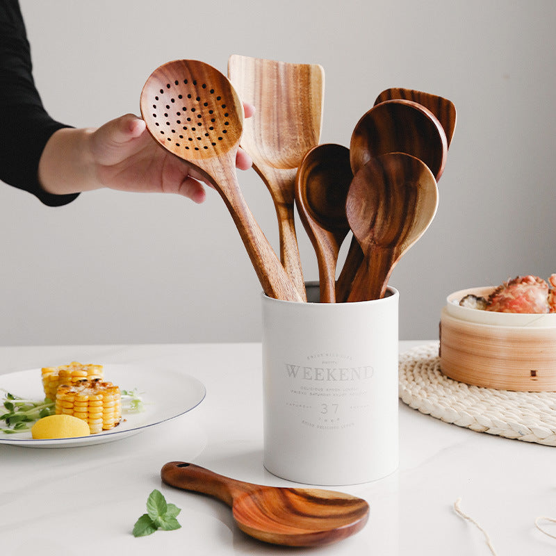 Natural Teak Wood Kitchen Utensil Set Durable Eco-Friendly Cooking Tools