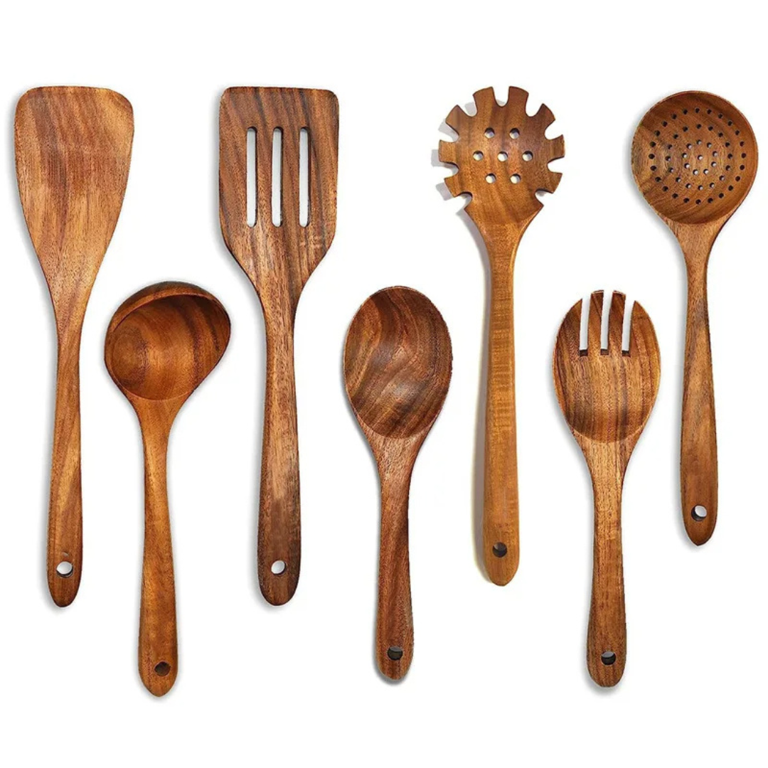 Natural Teak Wood Kitchen Utensil Set Durable Eco-Friendly Cooking Tools