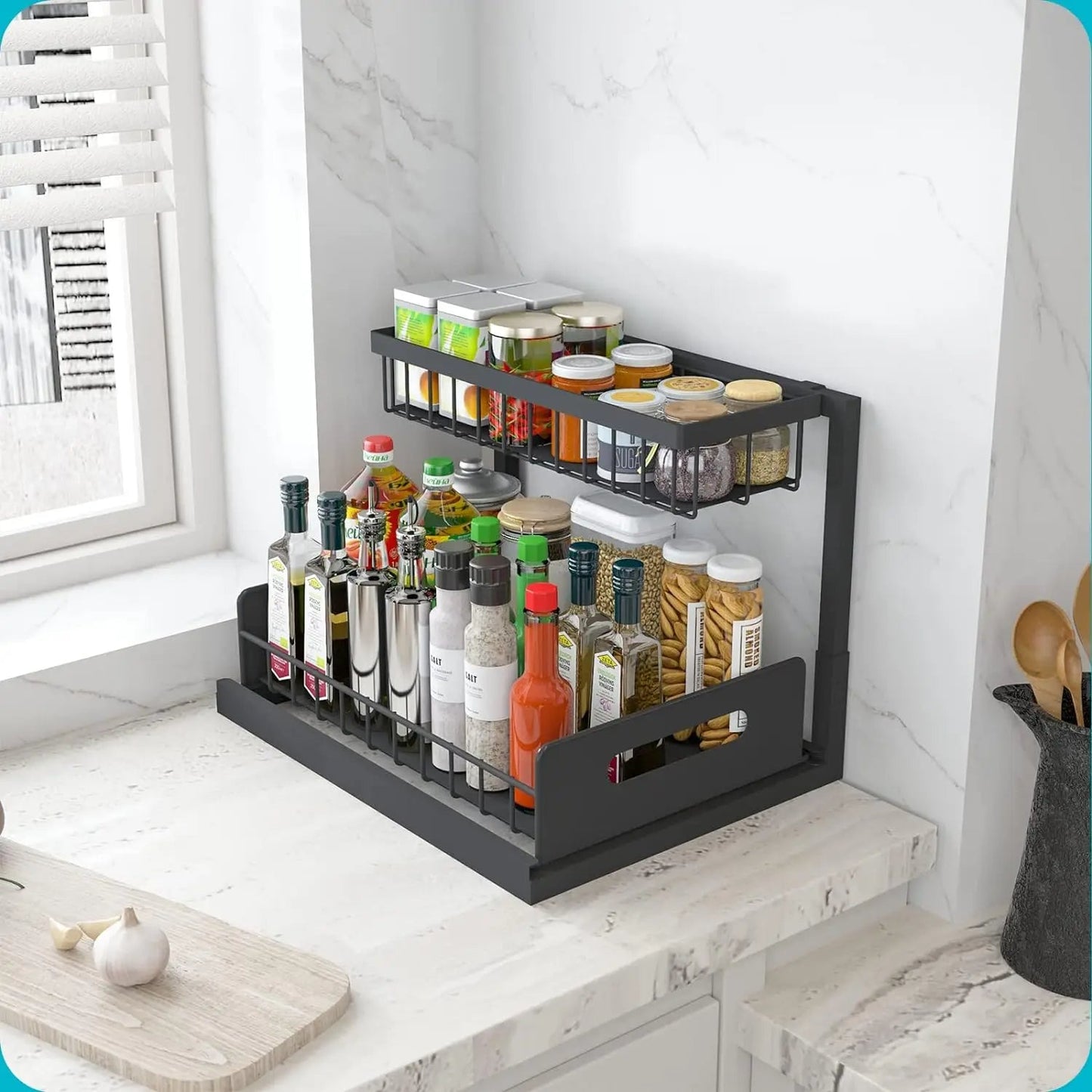 Minimalist Metal Under-Sink Organizer with Slide-Out Tiers