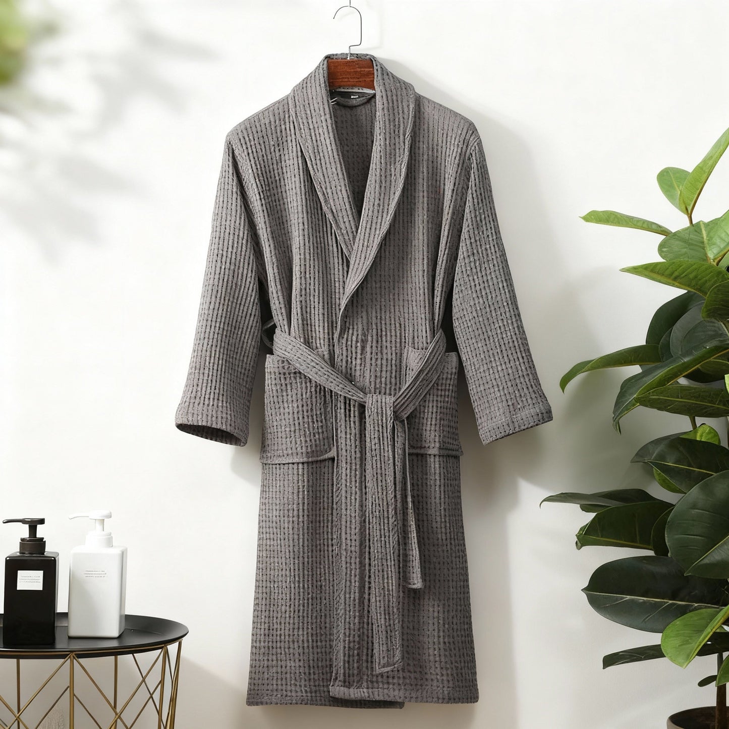 Waffle Cotton Bathrobe With Shawl Collar