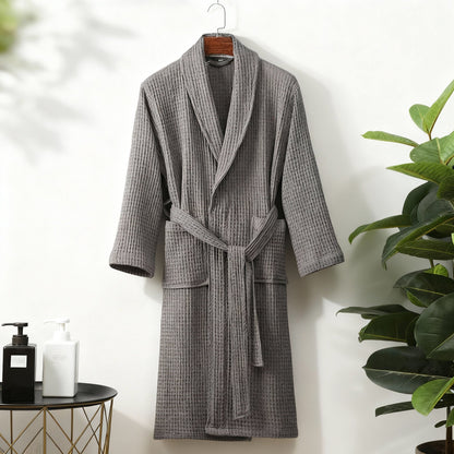 Waffle Cotton Bathrobe With Shawl Collar