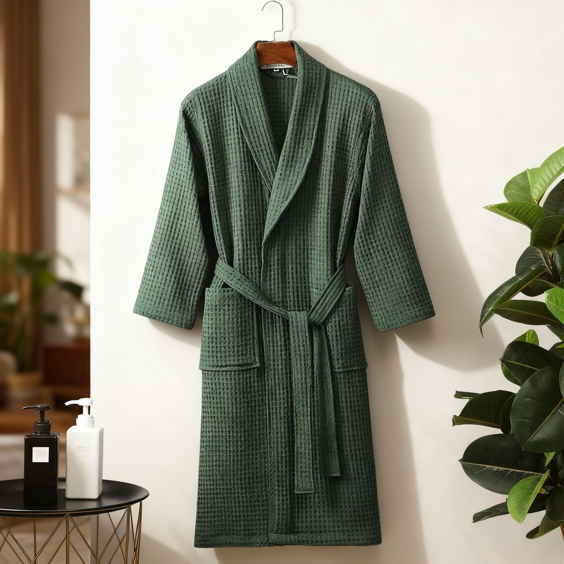 Waffle Cotton Bathrobe With Shawl Collar